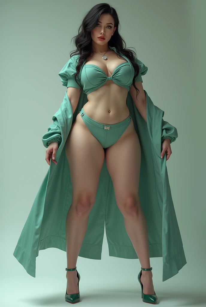 sexy nurse with thick body in a tight and revealing outfit, white skin with very intense green eyes, in a coat