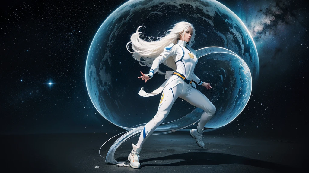 masterpiece,1 monk warrior girl in white tech suit,Long white hair,Shoelaces,Abstract retro sci-fi background,The Art of Mobius,Art by Ashley Wood,Dynamic Pose,Wandering Earth,cosmic starry sky