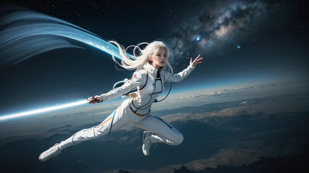 masterpiece,1 monk warrior girl in white tech suit,Long white hair,Shoelaces,Abstract retro sci-fi background,The Art of Mobius,Art by Ashley Wood,Dynamic Pose,Wandering Earth,cosmic starry sky