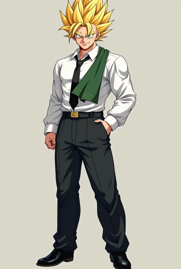 Make Goku with a white dress shirt, Black tie, black dress pants, black belt and black shoes, make him smile and with normal shirt sleeves, put an apron around your neck in the shape of an inverted triangle in green, faça ele super saiyajin, cabelo amarelo espetado para cima e olhos azuis