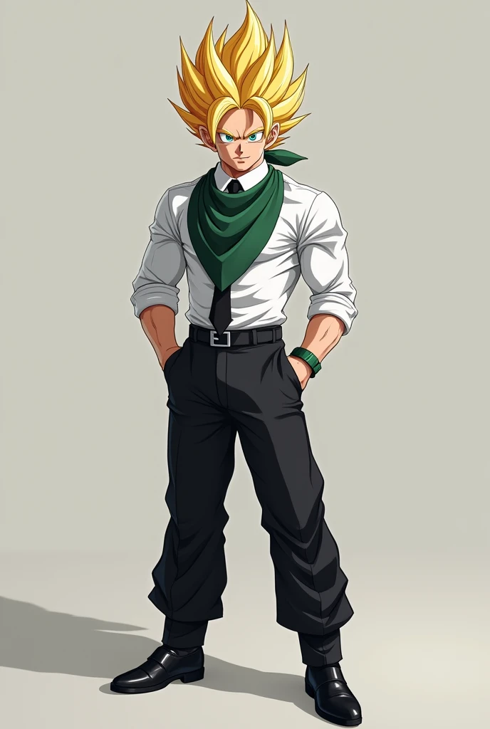 Make Goku with a white dress shirt, Black tie, black dress pants, black belt and black shoes, make him smile and with normal shirt sleeves, put an apron around your neck in the shape of an inverted triangle in green, faça ele super saiyajin, cabelo amarelo espetado para cima e olhos azuis 