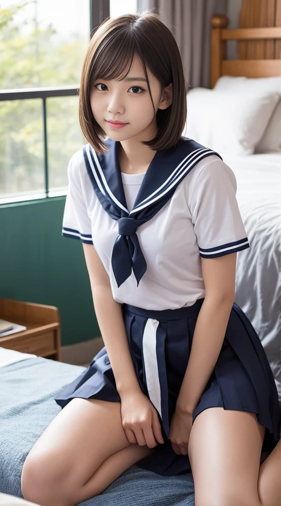 Actual photos of Japanese junior high school girls, A full body photo from head to toe，Beautiful woman with a young face，An inviting look，Transparent, lustrous skin，Bob hair or short cut，Summer short-sleeved sailor uniform，The ribbon is red，uniform, summer sailor uniform, A short navy skirt, She lifted her skirt to show her panties., In her room，Sit on the bed，Sit with your legs apart，Standing kneeling，I masturbate to adult rape videos every day, I have no experience with men, But I want to have sex, I have a rape wish，Attractive thighs，I'm sweating a lot