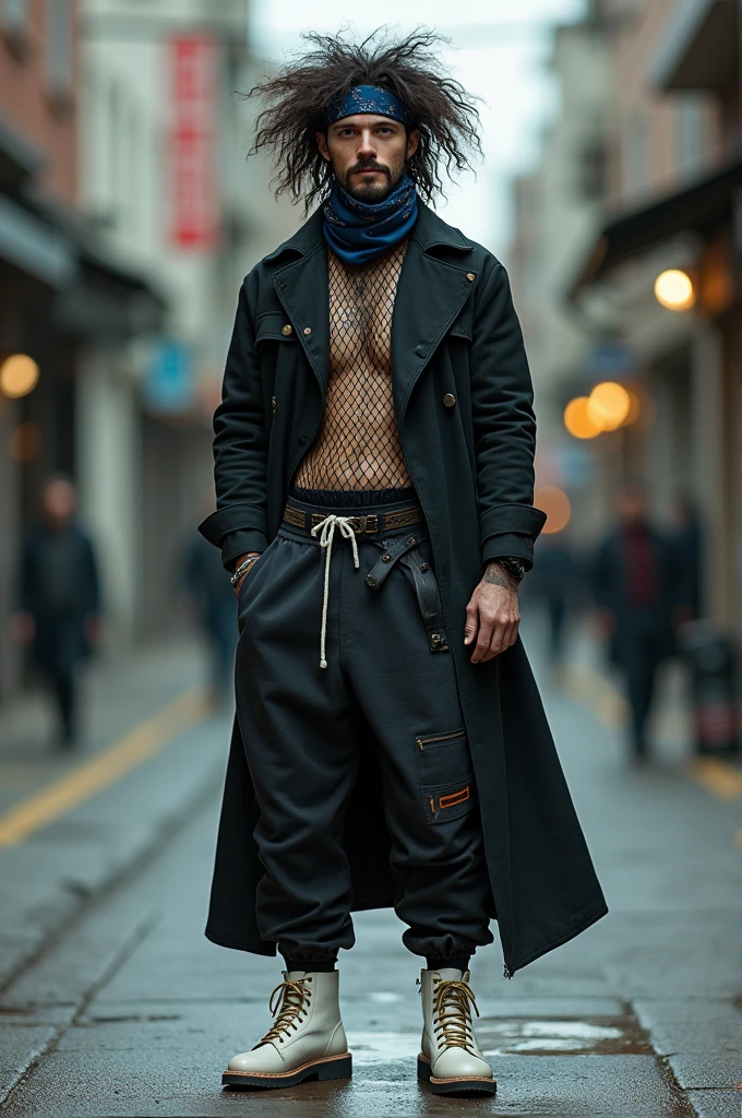 A man with big hair with a dark blue bandana on his head with a long knee-length coat closed underneath the coat a fishnet t-shirt sweatpants with white boots