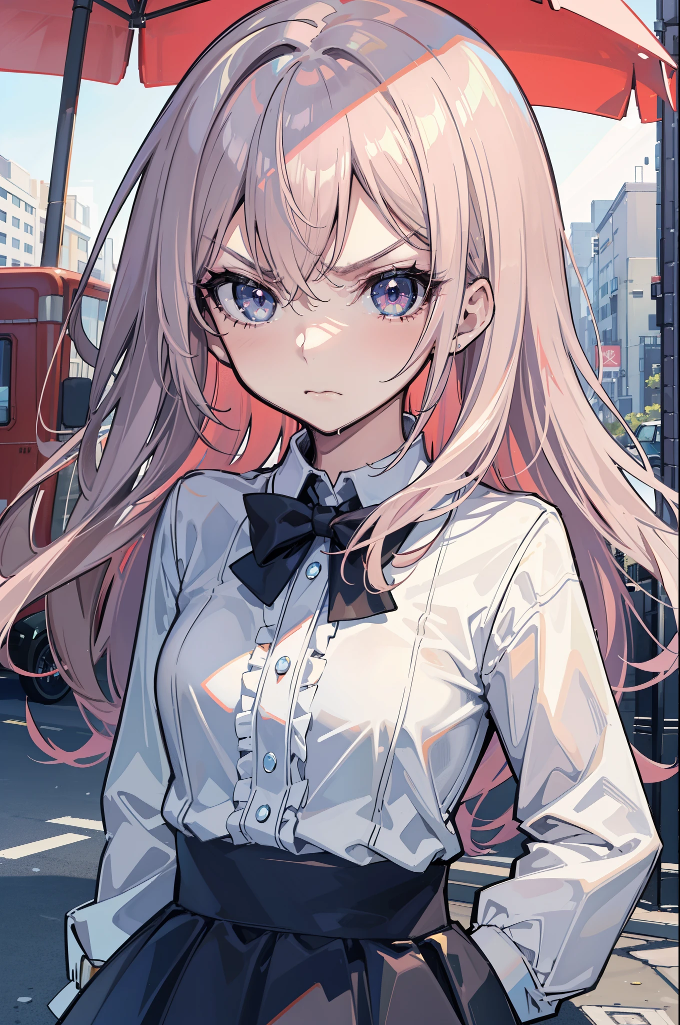 (best quality:1.2), (highest quality:1.2), (perfection:1.1), (flawless:1.1), urban street, 1girl, (disgusted look:1.1), angry look, disgusted mouth, (loli:1.1), blouse, skirt, (straight hair:1.1), small breasts, (best quality eyes:1.1), highly detailed, 8k, best quality resolution, (most beautiful upscale:1.1)