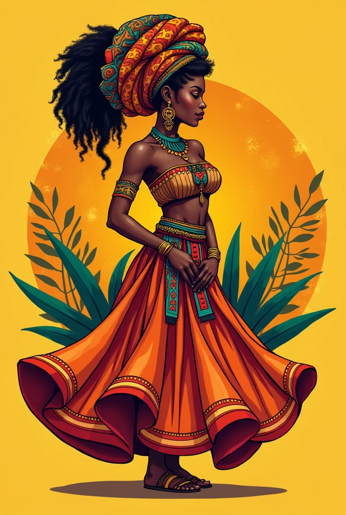 THE NAME IS "Maria Bonita Studio, I WANT THE LOGO WITH A BAIANA WITH EARRINGS, FULL SKIRT, TURBAN AND EVERYTHING THAT REFERS TO THE AFRICAN MATRIX AND RELIGION IN THE MUSTARD YELLOW PALETTE