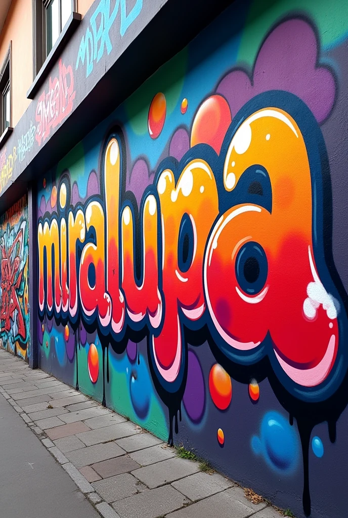 throw-up graffity for the name “miralupa” with complex big bublly round shaped thick letters who merge together with thick white inlines bombing paint style dripping on a outside wall with other graffity
