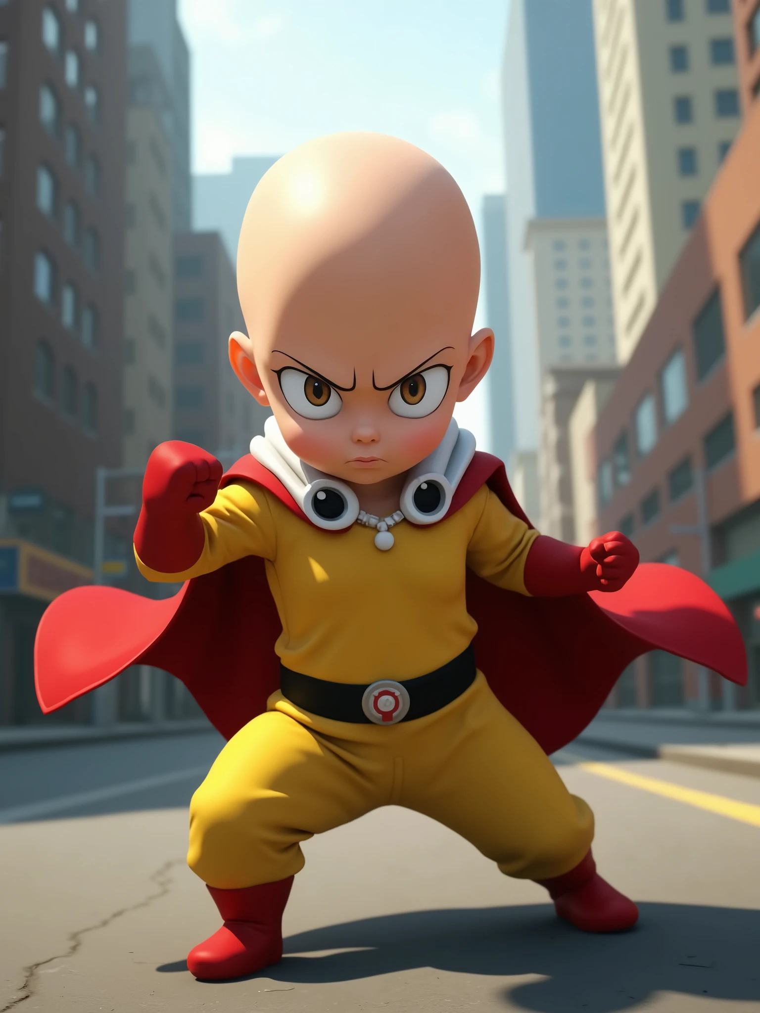 A photorealistic image of a baby version of Saitama from One Punch Man, in a fighting pose, with a serious expression on his face. He is wearing his signature yellow jumpsuit and cape, and is standing in a city street. The image should be in a high-resolution, with a cinematic lighting effect.