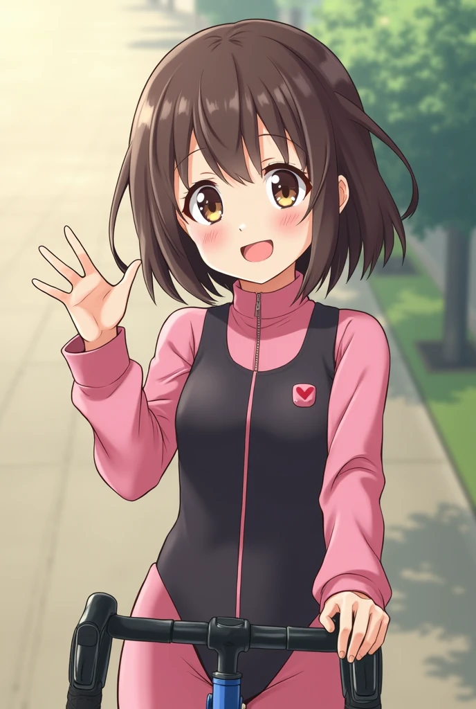 A little 6 year old anime girl wearing a tight biking, which almost lets her pussy lips be seen while waving to the camera with a small smile on her face