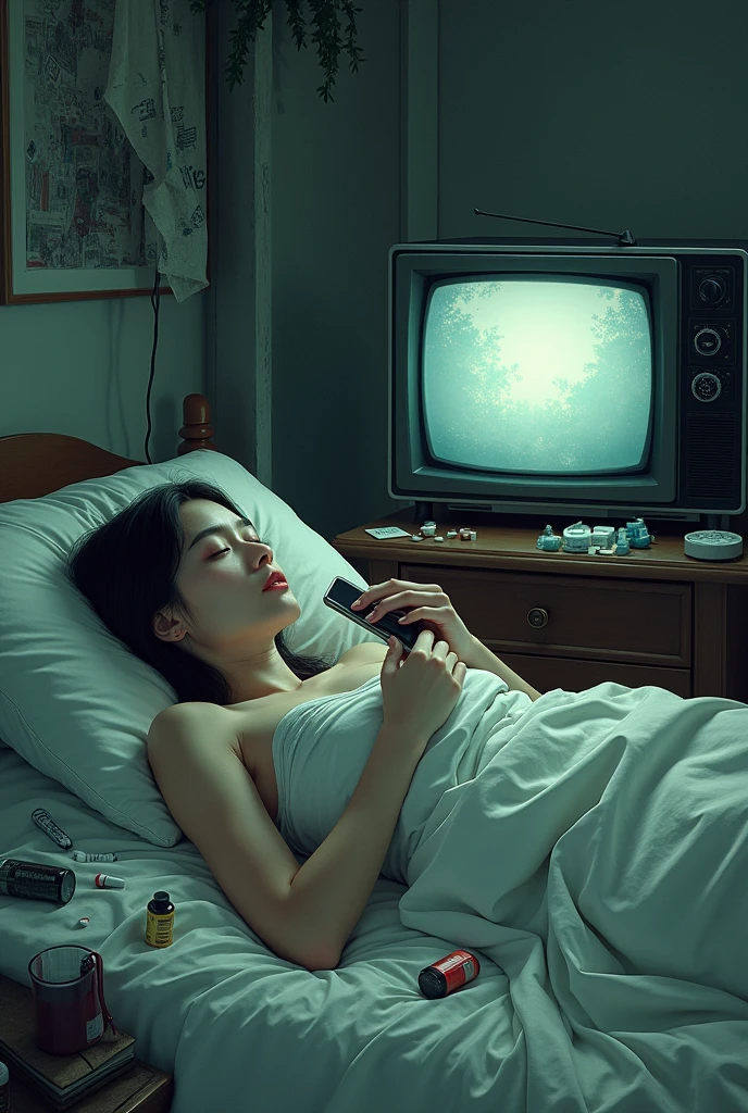 woman with medicines , lying down while holding a cell phone in her hand, with a TV in front, surrounded by pollution 