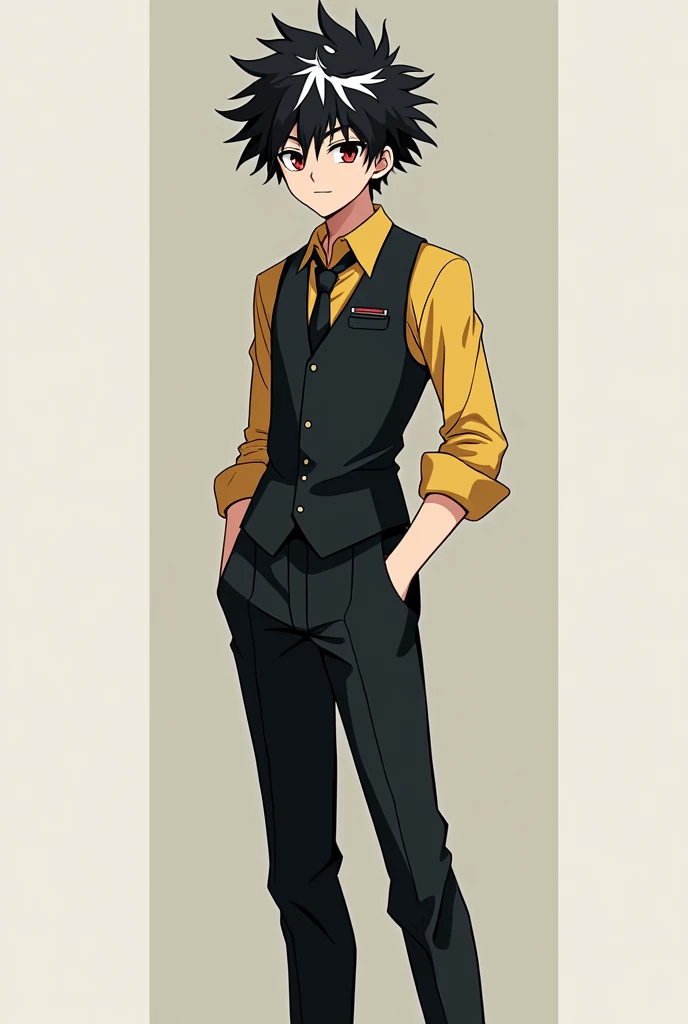 Create a pubescent Boku no hero academia style male character, tall and with a serene expression, with black sclera, red iris and black pupil, black hair with white streaks young, with a black vest with black pants and white shoes, with a yellow shirt and a small tie