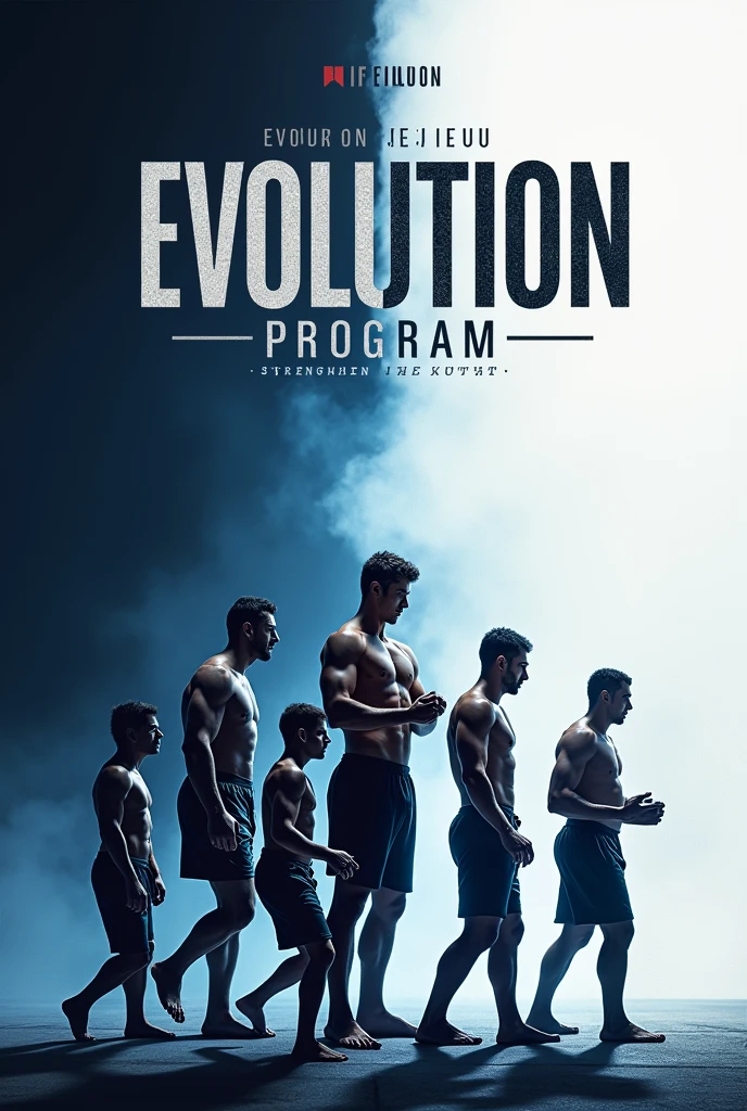 Create an impactful cover for the "JiuJitsu Evolution Program" that captures the essence of evolution in Jiu-Jitsu. The image must feature a Jiu-Jitsu fighter in different stages of training, symbolizing the progression from beginner to advanced. Ao fundo, there must be a gradation that represents this evolution, with shades of dark blue to bright white, symbolizing growth and transformation.
The fighter can be shown in fighting stances, with highlighted muscles, suggesting strength and endurance. The program logo must be centered at the top of the cover., with a strong and modern typography that conveys power and determination. down, a subtle line with the slogan: "Evolve on the Mat. Strengthen Out of Him."
O design deve ser limpo, but dynamic, attracting practitioners of all levels, with a visual appeal that reflects both tradition and innovation in Jiu-Jitsu.