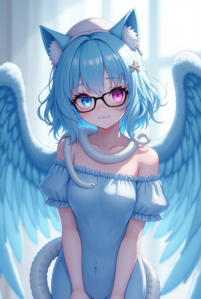 anime girl, pale white complexion, one sky blue eye and the other pink, black reading glasses, white cat hat, sky blue clothes tight to the body, large fluffy sky blue wings, a white snake on the neck, a white star pin, cute 18 year old girl, sky blue hair, long and a little wavy