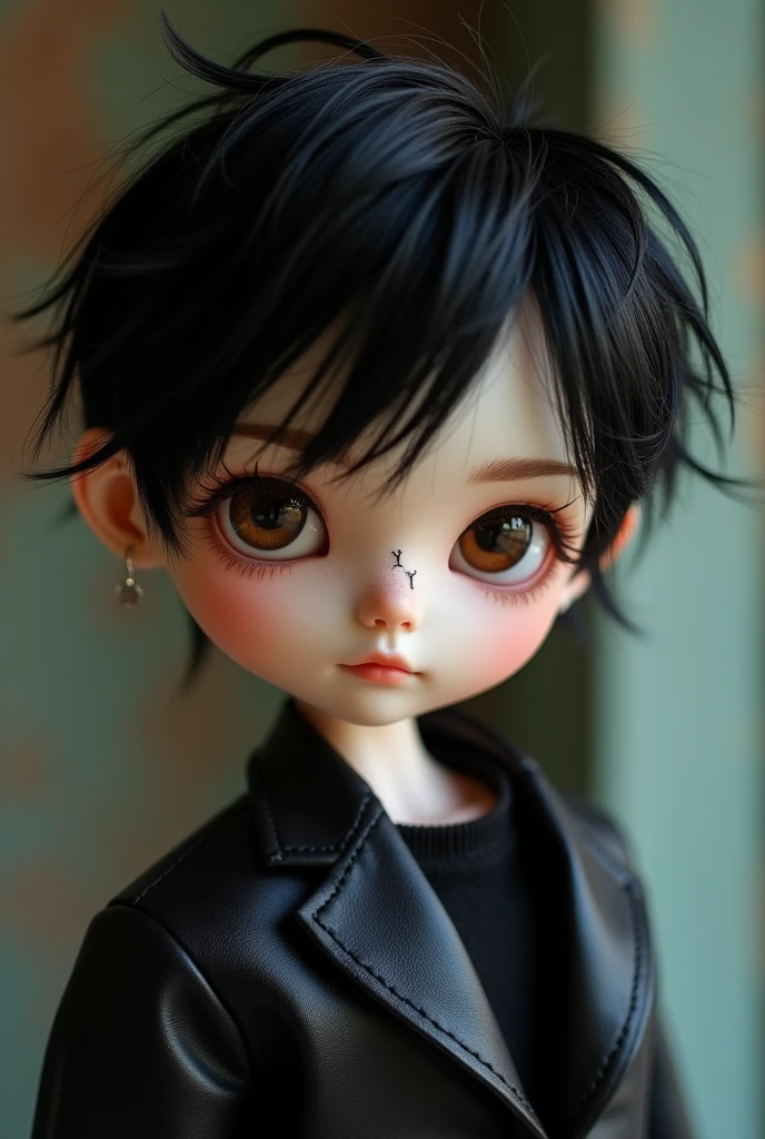 Create a blythe type male doll with dark brown eyes and white skin and septum piercing, Scooby doo shaggy style short black hair