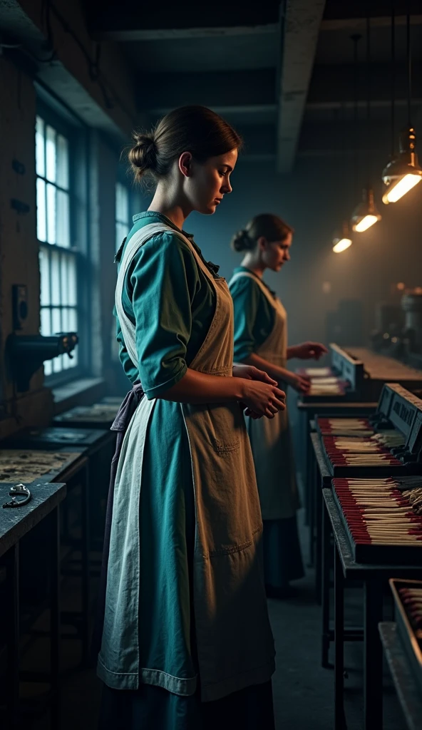 Sarah Chapman and her fellow workers • standing in the dimly lit factory • 1880s • wearing tattered, plain dresses with aprons • inside the Bryant & May match factory • examining phosphorus-dipped matches • rows of workbenches and machinery in the background • medium shot • hyper-realistic, photo realism, cinematography. Camera lens size 200mm, aperture setting f/4.5, and ISO 1600. Medium: color photography.