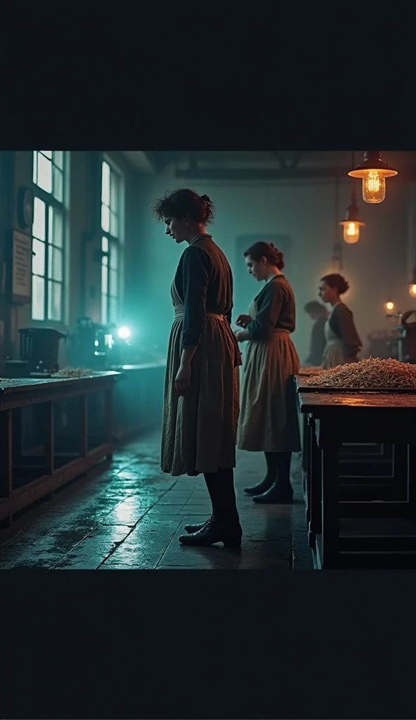 Sarah Chapman and her fellow workers • standing in the dimly lit factory • 1880s • wearing tattered, plain dresses with aprons • inside the Bryant & May match factory • examining phosphorus-dipped matches • rows of workbenches and machinery in the background • medium shot • hyper-realistic, photo realism, cinematography. Camera lens size 200mm, aperture setting f/4.5, and ISO 1600. Medium: color photography.