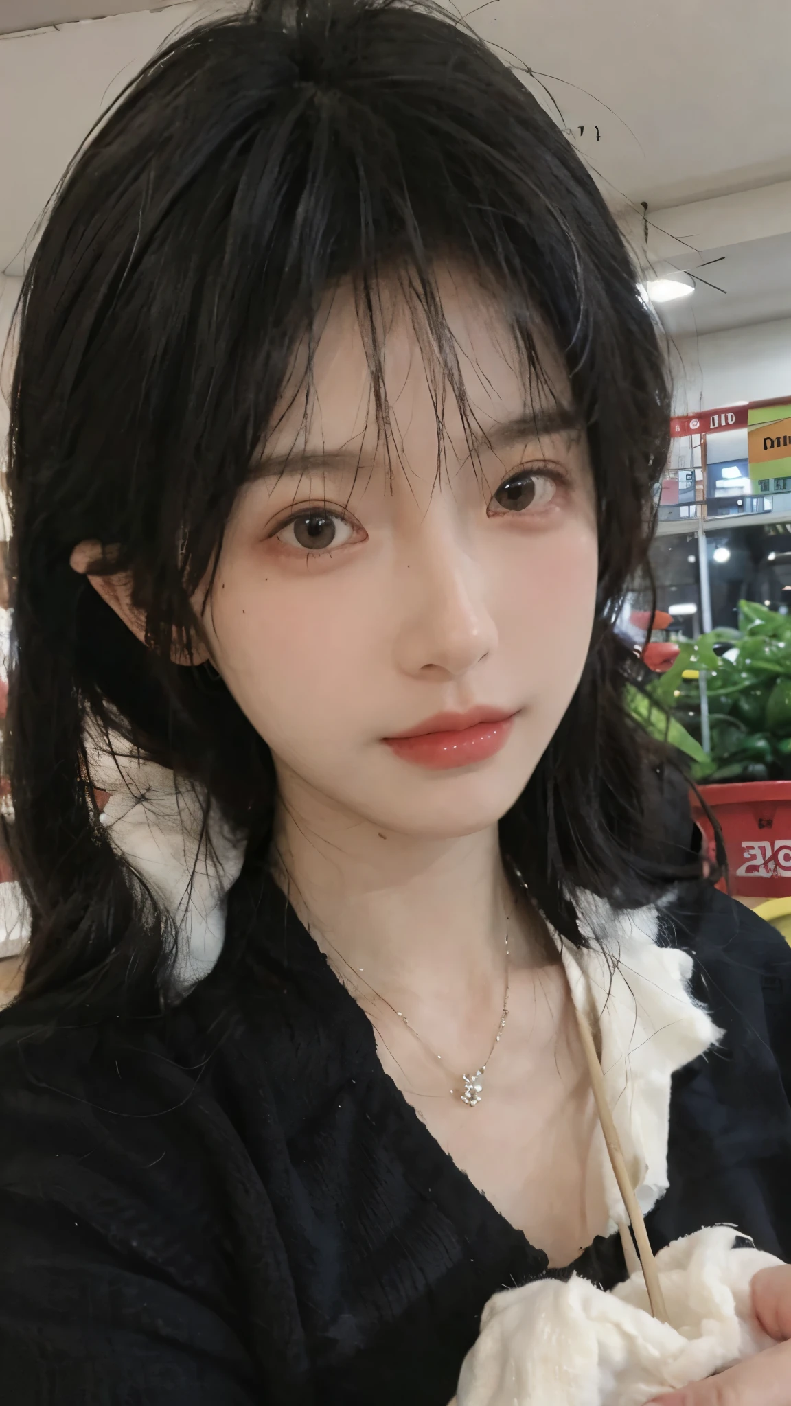 Best quality，Ultra-high resolution,(Realism:1.4)，Cute hairpins，girll,Cropped black sweater，Look directly at the audience，Full of atmosphere，Beautiful woman with a slim figure:1.4，supermarket，whole body，Super delicate face，Exquisite eyes，Double eyelids，necklace