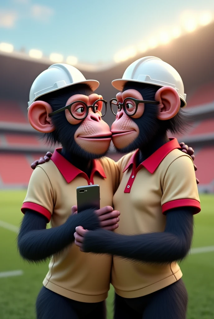 Two chimpanzees in love. The male must have a white civil engineer&#39;s helmet and the female must have glasses and a cell phone.. Both must be realistic and must have a beige and cherry colored polo shirt.. They must be in a football stadium 