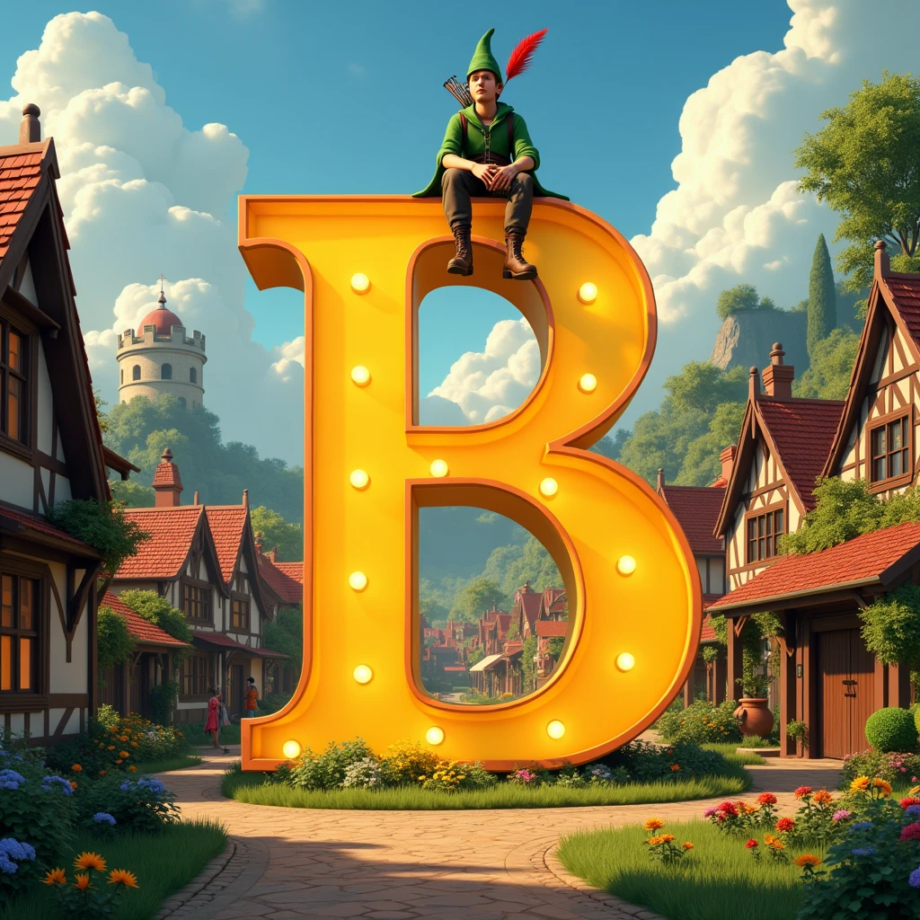 Bright Shining Letter B like hollywood but on a big village and around little humans and robin hood sitting on Letter B