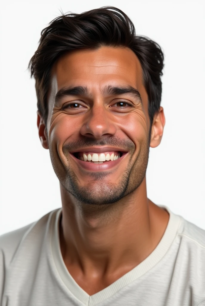Generate a photo of a 35 year old Brazilian man&#39;s face smiling. photo realist. Put on short hair and a rounder face. cor branco. 