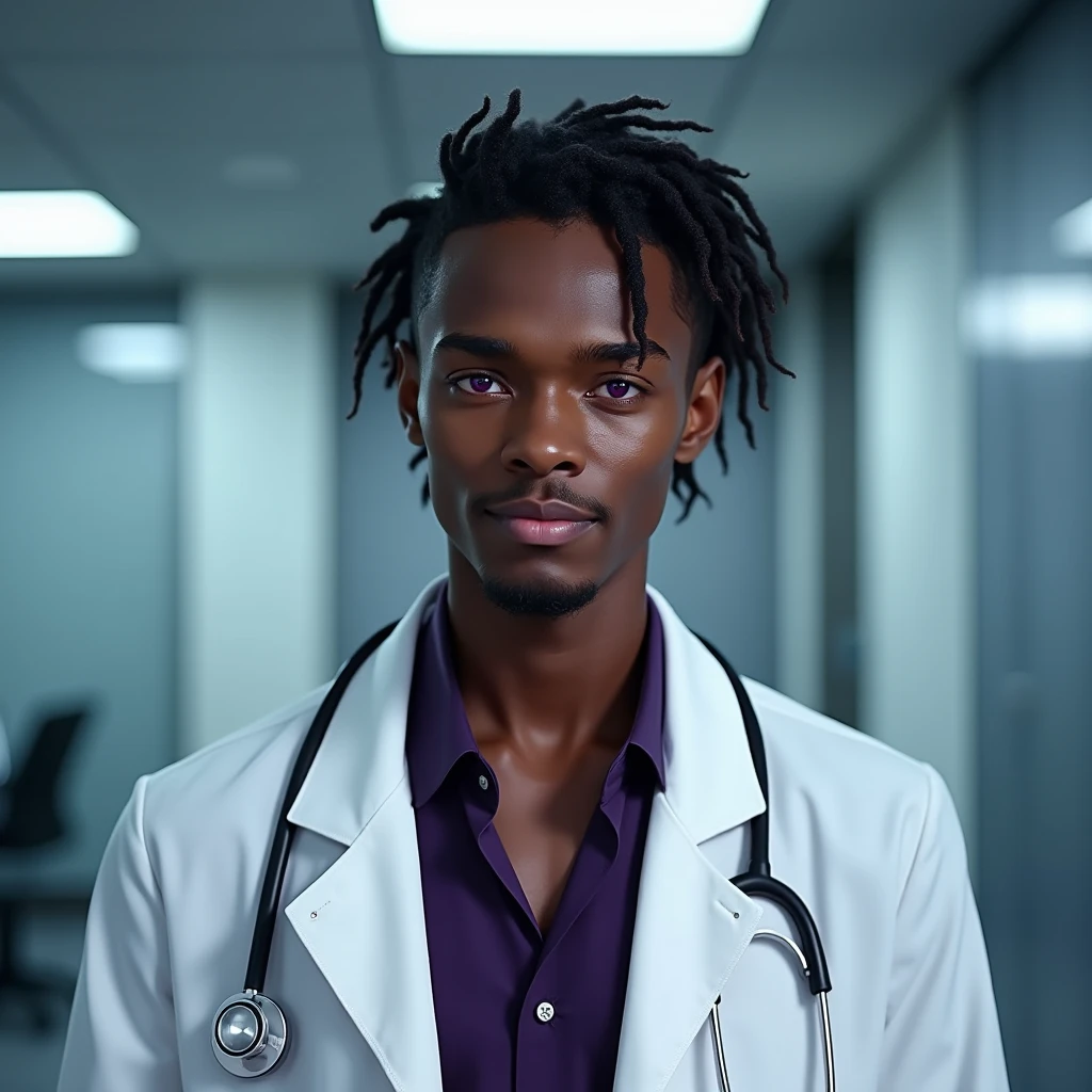 Photograph headshot, ringlets parted to the side hair, very tall French featured male model, shaved, toned body, ebony skin, vibrant purple eyes, tall thin toned body. Gentle smile expression. Doctor coat, dark purple shirt, modern sci-fi hospital office.