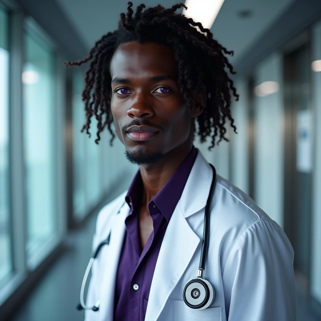 Photograph headshot, ringlets parted to the side hair, very tall French featured male model, shaved, toned body, ebony skin, vibrant purple eyes, tall thin toned body. Gentle smile expression. Doctor coat, dark purple shirt, modern sci-fi hospital office.