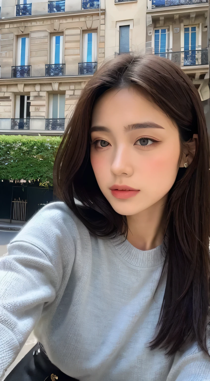 a paris, best quality, head of'artwork, ultra haute résolution, 8k, RAW, HD, 4K, Realist, reel, (photo realistic:1.4), Physics-based rendering, depth of field, regarder les spectateurs, mince, (Session:1.1), in the bedroom, beautiful detailed face, 1 fille, Mignon, young, nose blush, grands yeux noirs, bouche fermer, smalll breasts, Brown hair, long straight hair, no bangs, front not hidden by hair, BOUCHE FERMER, detailed clothing, (pyjamas:1.3), no shoes ,pureerosface_v1,