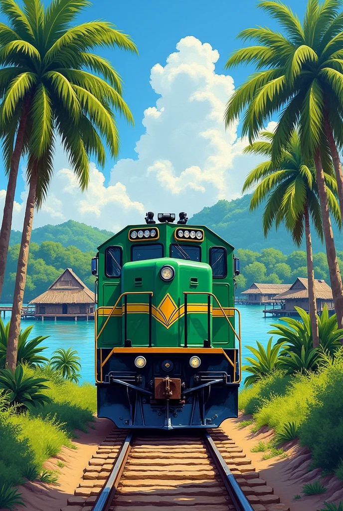 Painting of a train front wagon green amerlone blue, tracks surrounded by coconut trees, rustic fisherman's houses and lake