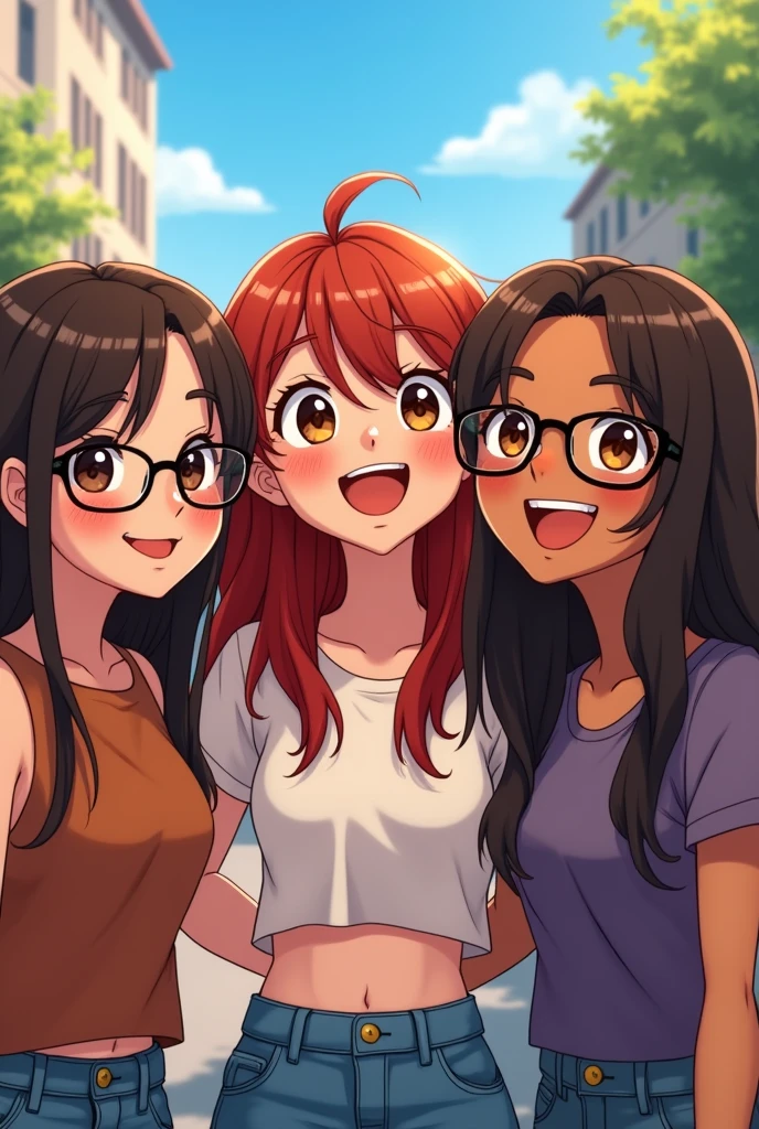 3 friends anime style version, taking a funny photo , A Chinese woman with long straight chocolate hair and glasses and brown eyes, The other is Latina, she has dark red hair with wavy bangs and brown eyes. The other is also Latina and has somewhat dark skin and long wavy hair without bangs and messy. Her hair is chocolate colored with red highlights at the bottom of her hair.