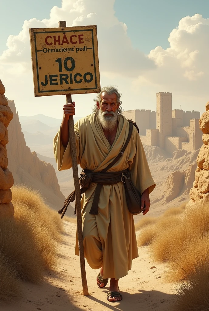 Image of a man on his way to Jericho with a sign indicating the way
