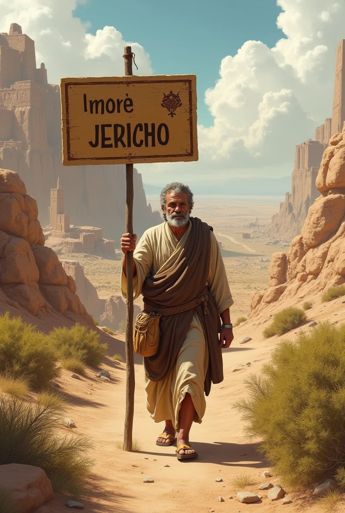 Image of a man on his way to Jericho with a sign indicating the way