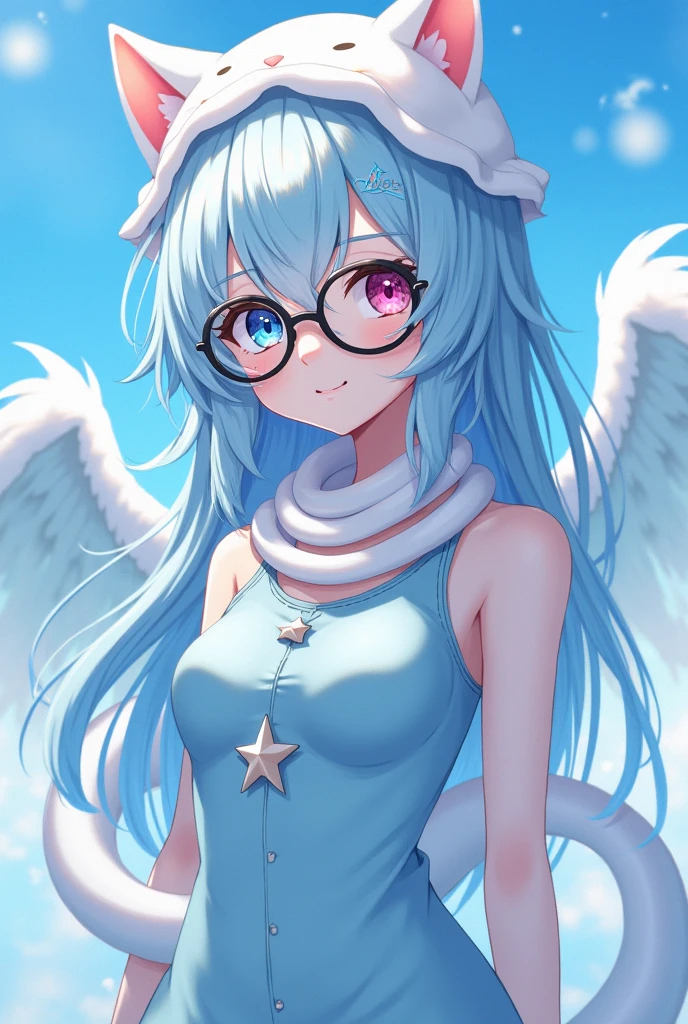 anime girl, pale white complexion, one sky blue eye and the other pink, black reading glasses, white cat hat, sky blue clothes tight to the body, large fluffy sky blue wings, a white snake on the neck, a white star pin, cute 18 year old girl, sky blue hair, long and a little wavy