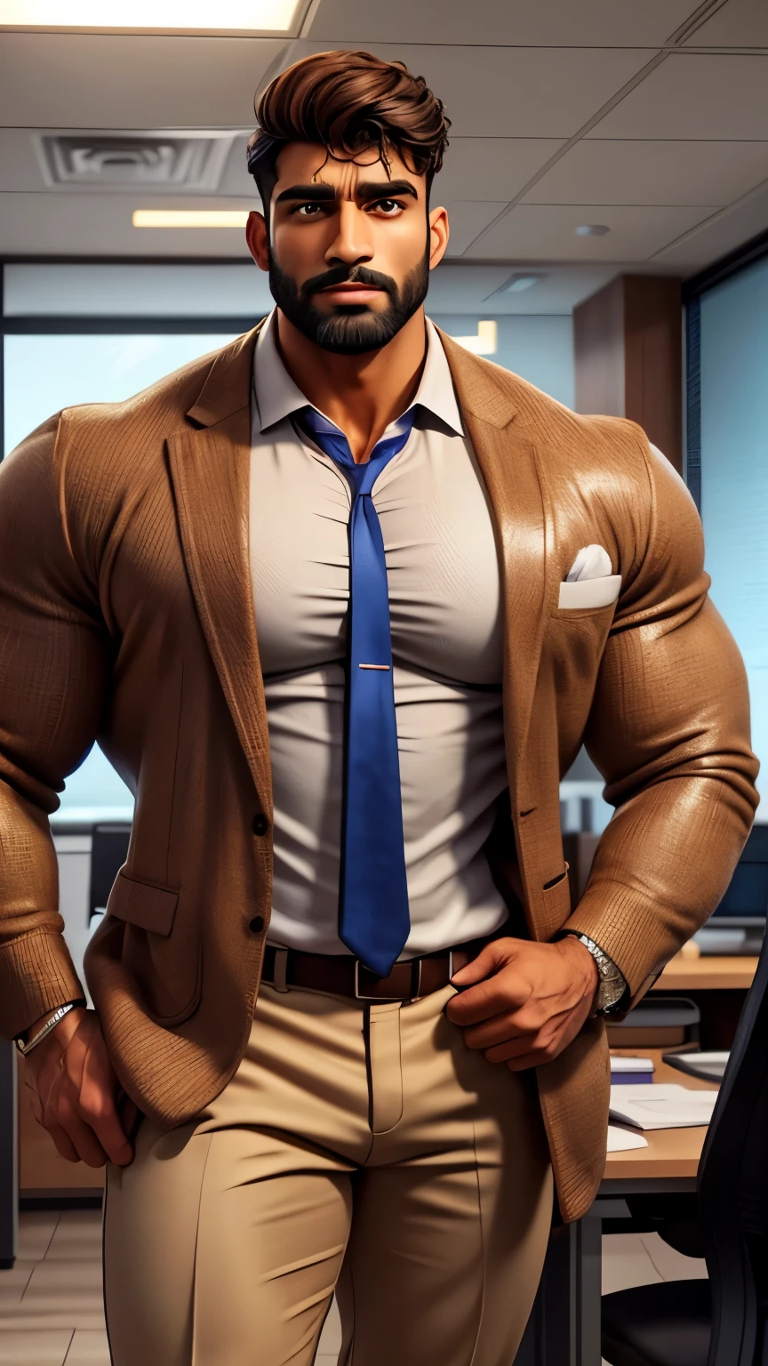 2 handsome indian male in one photo, defined big fluffy hairy pecs, conversative politican, in his early 40s beared hunk, brown hair, smooth oily skin, in revealing suit jacket and low cut shirt, standing in office, manspread, in luxury office, full hd, hdr, clear picture, sharpness in picture, masterpiece, 8k 