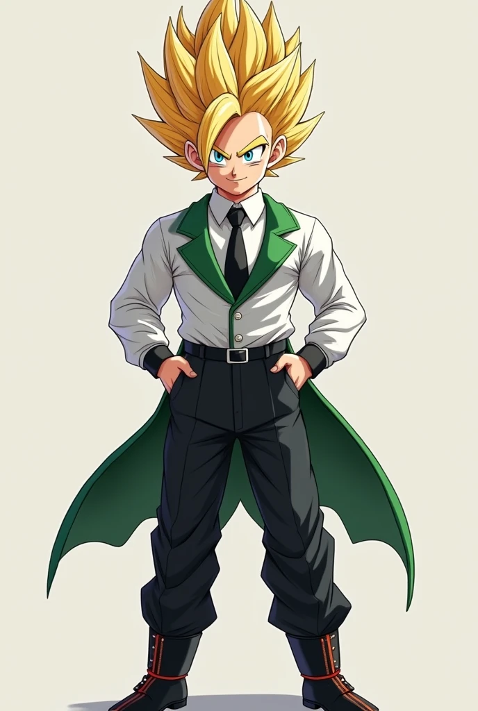 Make Goku with a white dress shirt, Black tie, black dress pants, black belt and black shoes, make him smile and with normal shirt sleeves, put an apron around your neck in the shape of an inverted triangle in green, faça ele super saiyajin, cabelo amarelo espetado para cima e olhos azuis