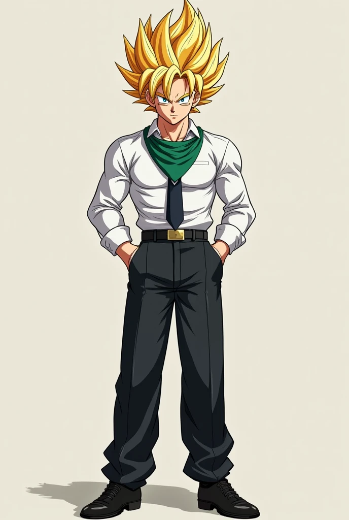 Make Goku with a white dress shirt, Black tie, black dress pants, black belt and black shoes, make him smile and with normal shirt sleeves, put an apron around your neck in the shape of an inverted triangle in green, faça ele super saiyajin, cabelo amarelo espetado para cima e olhos azuis