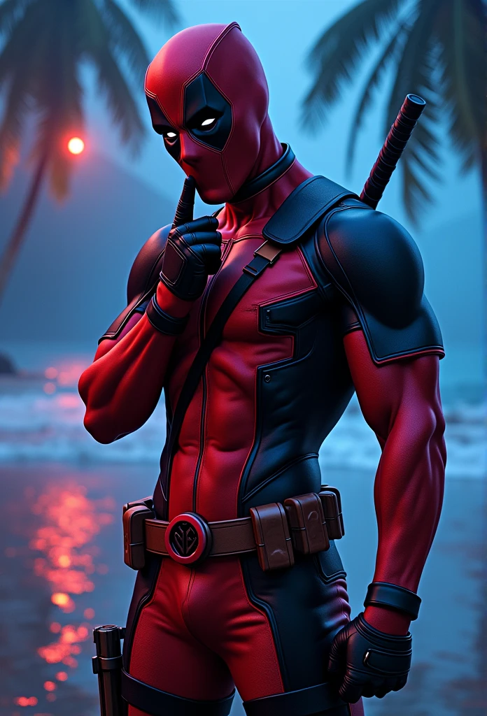 (nvinkpunk:1.2) (snthwve style:0.8) dead Pool, anthropo, lightwave, sunset, intrikate, highy detailed, t-shirt print "Deadpool, wearing no shirt, Showing off his muscular physique, is on shores, with tight pants that accentuate her big, perky buttocks. He has his face turned towards the camera, casting a seductive glance. With a provocative touch, he puts the tip of his index finger in his mouth, in a suggestive pose. The surrounding scenery is dimly lit, highlighting the contours of your body and creating a sensual and mysterious atmosphere. "