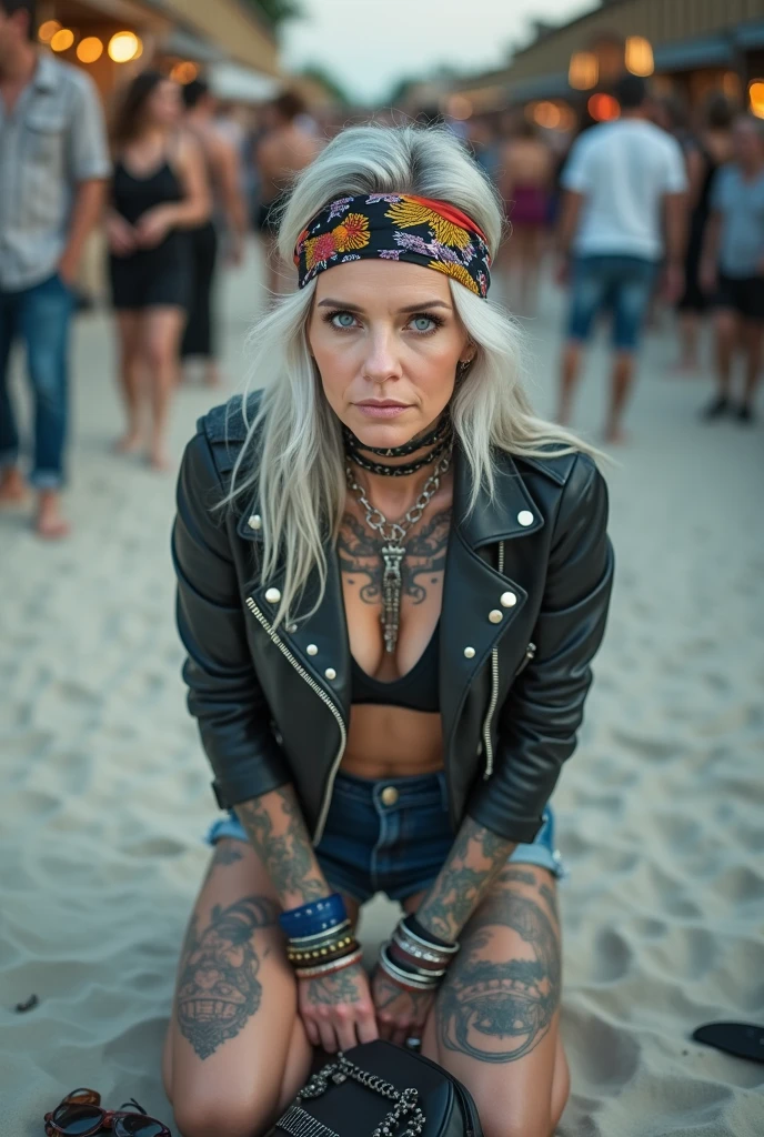 russian old milf woman, grey hair (middle part) and wide colourful bandana as headband, with very light blue eyes, extremely pale. Wearing studded cropped black moto jacket. lots of zippers and pins, black bikini with worn blue jeans shorts. Studded Choker. Boho bracelets and collars. Long bohemian earrings. Kneeling like in a payer, looking at the camera, humble facial expression. Hands on her knees, showing off bracelets and rings. studded black leather tote bag with chains on the floor, next to her.. Listening in amazement to somebody speaking to her, toned six pack abdominals, thin neck, slim legs and thin arms. Tattoed heavily. An the beach, in the evening. All her belongings (maxi sunglasses , keys, wallet, ...)on the sand.