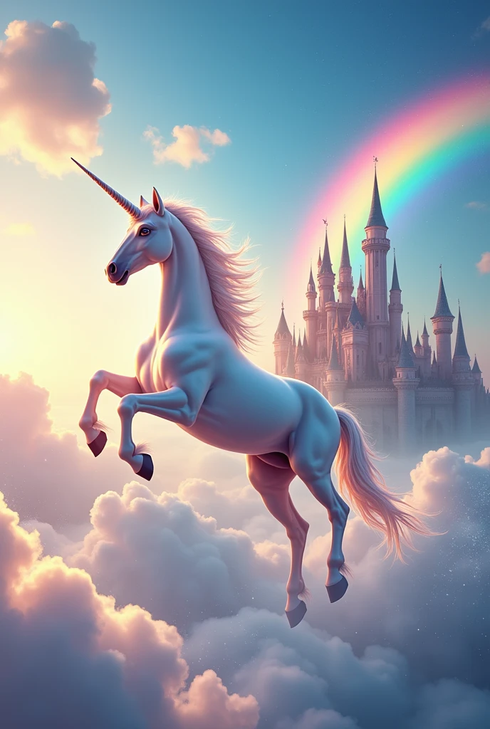 Unicorn in the sky and a rainbow and castles in the background