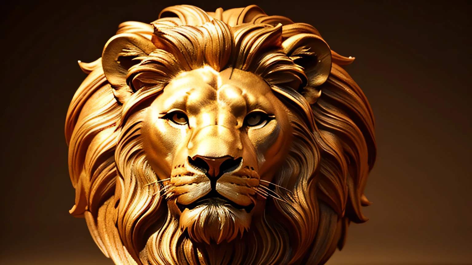 3d Lion head, with long brown and gold hair. Lion head with strong luxury with white background design, ultra-wide 8k shot