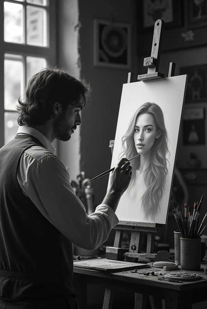a picture of a man, who is in a small studio painting a beautiful woman with long hair and a pale smile, around the artist there are several paintings and painting tools. around looked messy. black and white background