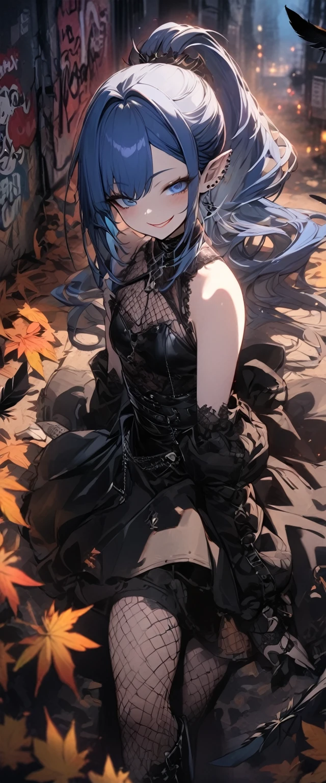 masterpiece, high resolution, 4K, anime girl, long hair, blue hair, bright light blue eyes, punk outfit, smiling face, ((black feathers)), graffiti wall background, autumn season atmosphere, night sky