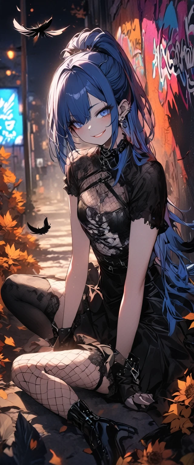 masterpiece, high resolution, 4K, anime girl, long hair, blue hair, bright light blue eyes, punk outfit, smiling face, ((black feathers)), graffiti wall background, autumn season atmosphere, night sky