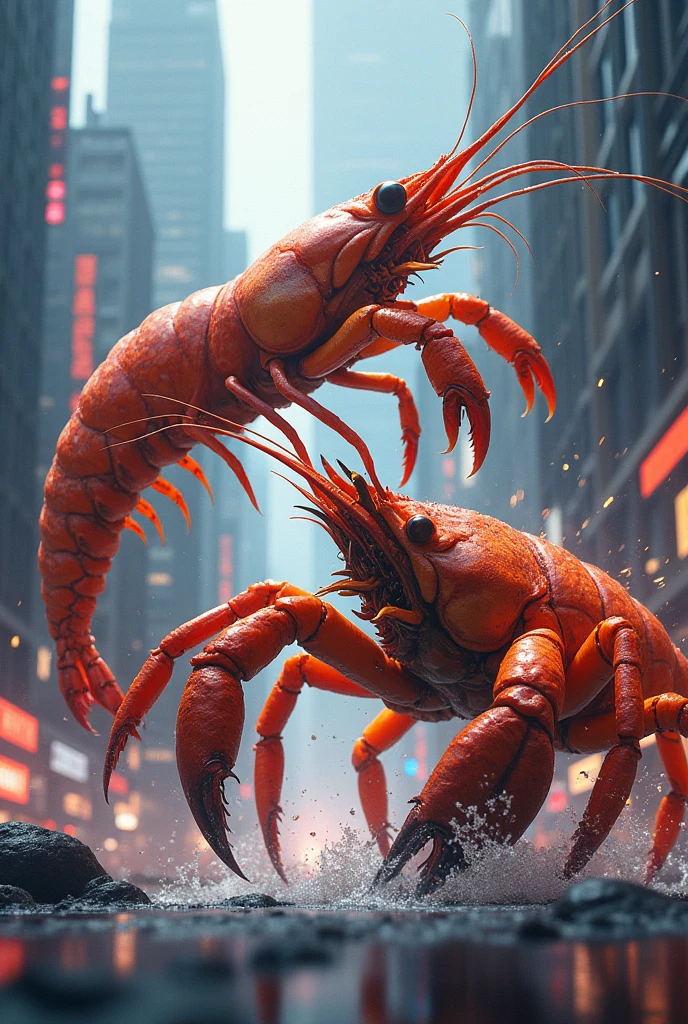 Giant shrimp fighting giant crab sideways in a city