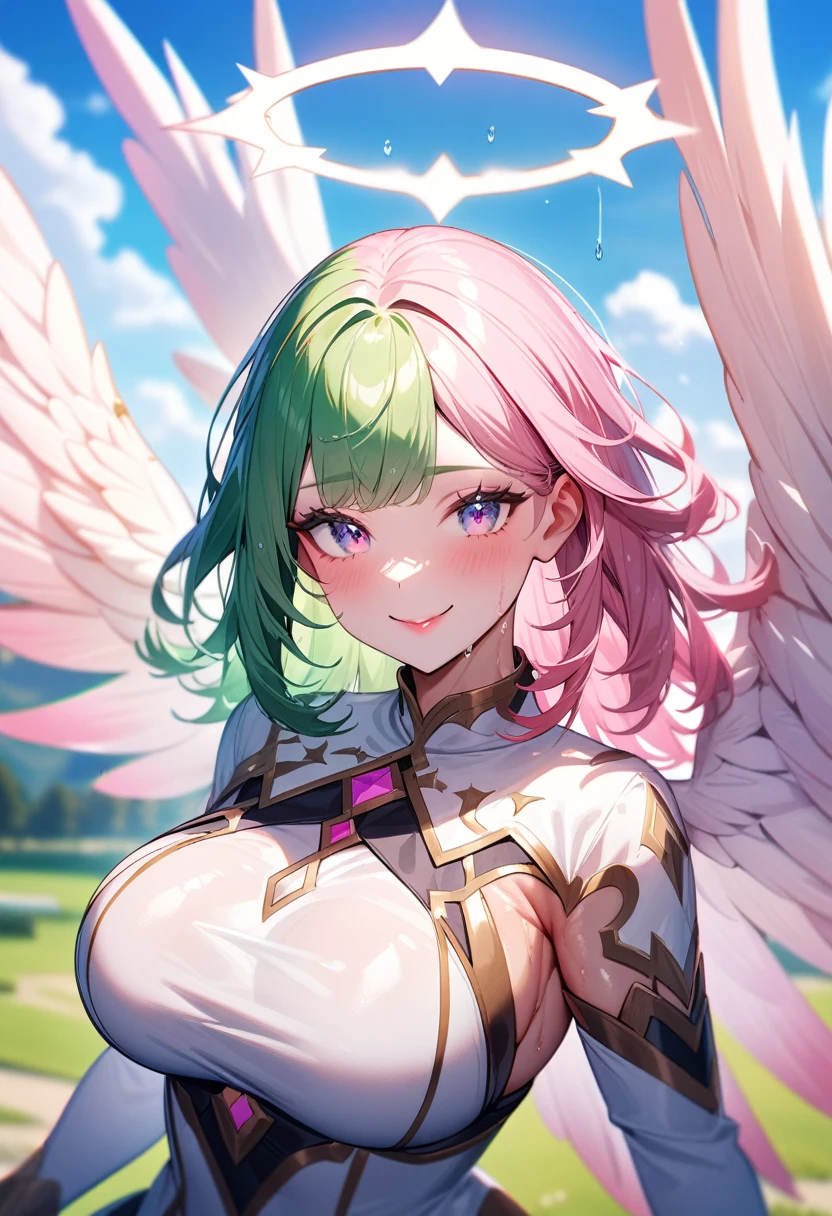 1girls,solo,super detailed skin,shiny skin,wet oily skin,natural face,angelic smile,pastel pink hair, green hair tip,,majestic wings, majestic halo,beautiful nails,(angelic skin:1.1),deep detailed eyes,eyelashes,lips gloss,large breasts,beautifully shaped breasts,angelic clothes ,angelic mini skirt,vibrant colors,model pose,arched back,,landscape,,cloud focus,masterpiece,best quality,ultra detailed,high resolution,sharp focus,depth of field
