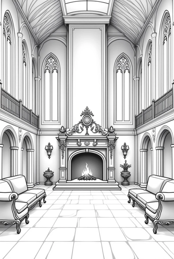 Black and white style drawing without shading of a castle living room