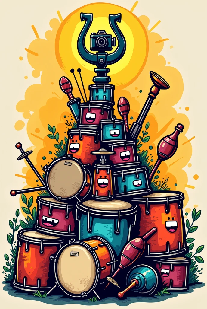 A logo of a pyramid of percussion band instruments with lyres and a camera above in comic style
