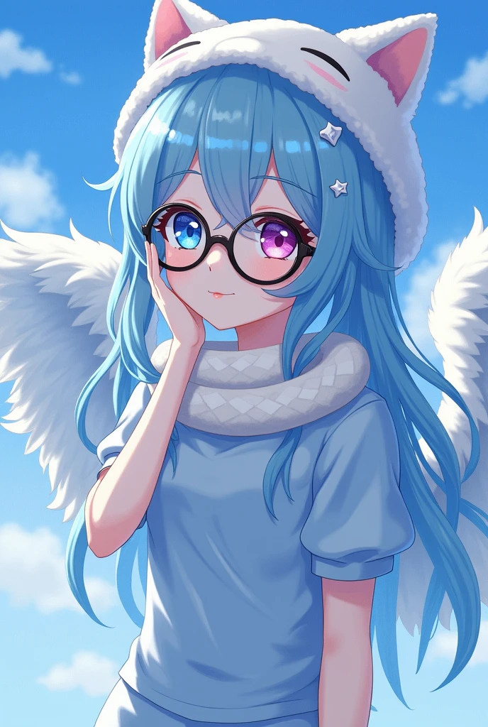 anime girl, pale white complexion, one sky blue eye and the other pink, black reading glasses, white cat hat, sky blue clothes tight to the body, large fluffy sky blue wings, a white snake on the neck, a white star pin, cute 18 year old girl, sky blue hair, long and a little wavy