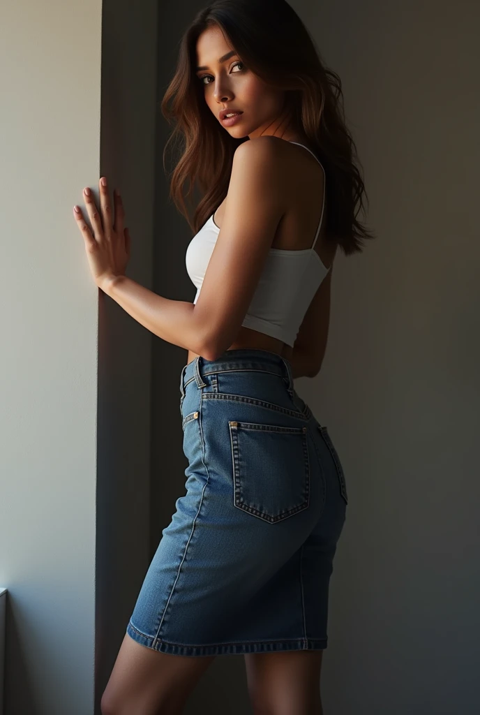 advertising poster for a denim skirt, using the sensuality factor.