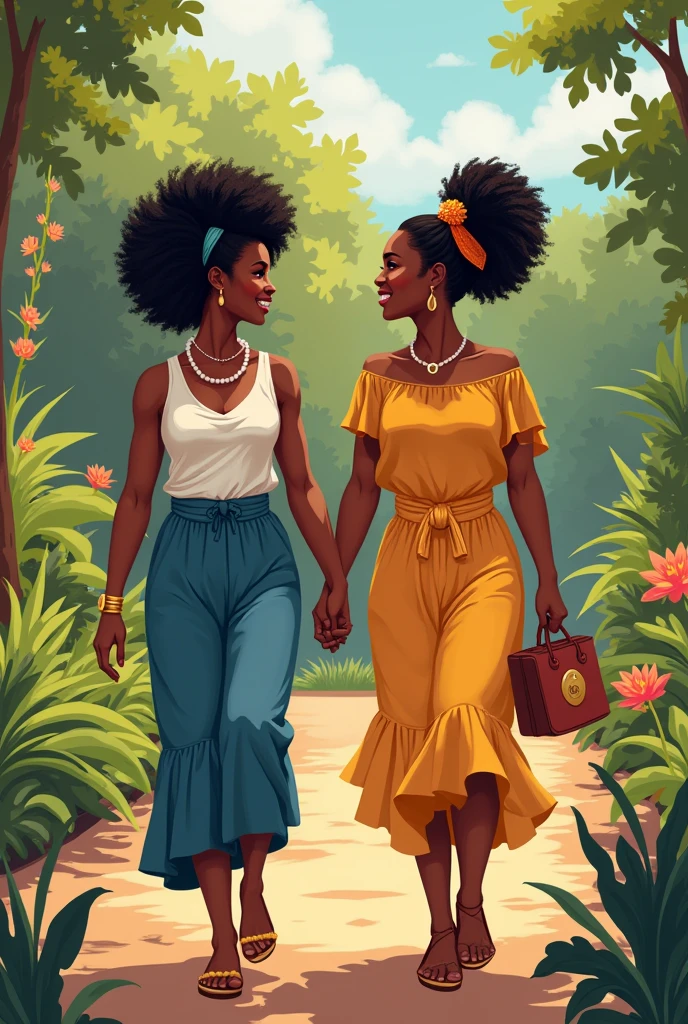 Créer une image d'une , elle s'appelle Atabey. afro haïtienne, cheveux crépus avec des perles, des colliers. Elle marche dans le jardin botanique très coloré de Martissant, Haïti, en compagnie de sa copine Jesula, afro haïtienne, cheveux crépus avec une barrette colorée bien habillée, Atabey très joueuse, Jesula souriante. Sachant que Atabey vodouisante et Jesula protestante. Titre du livre "choque culturel " une image digne de ce livre