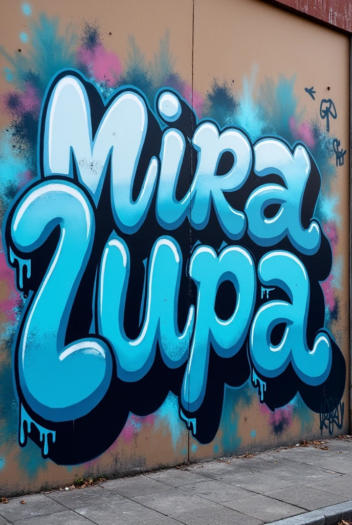 throw-up graffity  for the name “miralupa” with complex big bublly round shaped thick letters who merge together in blue shade with thick white inlines bombing paint style dripping on a outside wall with other graffity 

