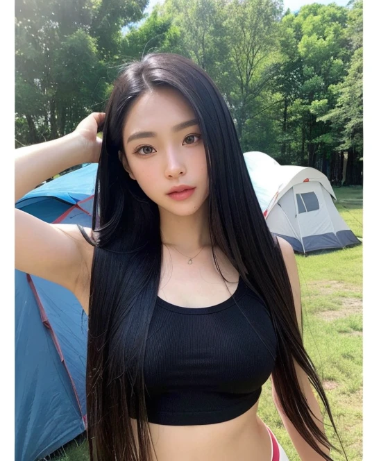 ((Surreal、Super detailed image, maybe a photo.,Captures the details of the skin texture of an incredibly beautiful woman.))long straight black hair。outdoor. Camping. Tend. Sport clothes. Belly